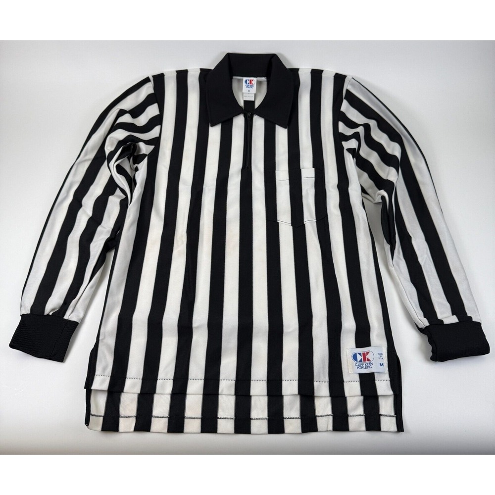 Vintage Cliff Keen Referee Long Sleeve Polo Men M Black White Stripe Pocket NOS
